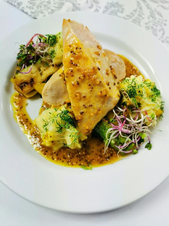 a white plate topped with meat and veggies, inspired by Albert Paris Gütersloh, shutterstock contest winner, ornate galactic gold, chicken, mustard, 15081959 21121991 01012000 4k