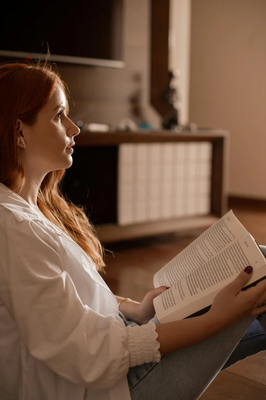 a woman sitting on a couch reading a book, pexels contest winner, renaissance, female redhead templar, light from right, reading engineering book, a woman's profile