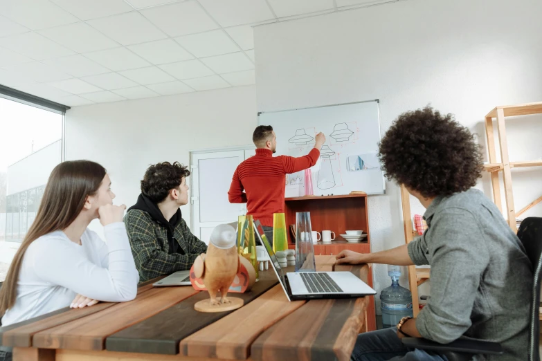 a group of people sitting around a wooden table, a cartoon, trending on pexels, analytical art, whiteboards, frank quitely, at behance, standing in class