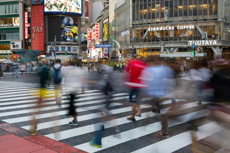 a group of people walking across a cross walk, by Yasushi Sugiyama, trending on unsplash, square, time square, ethnicity : japanese, thumbnail