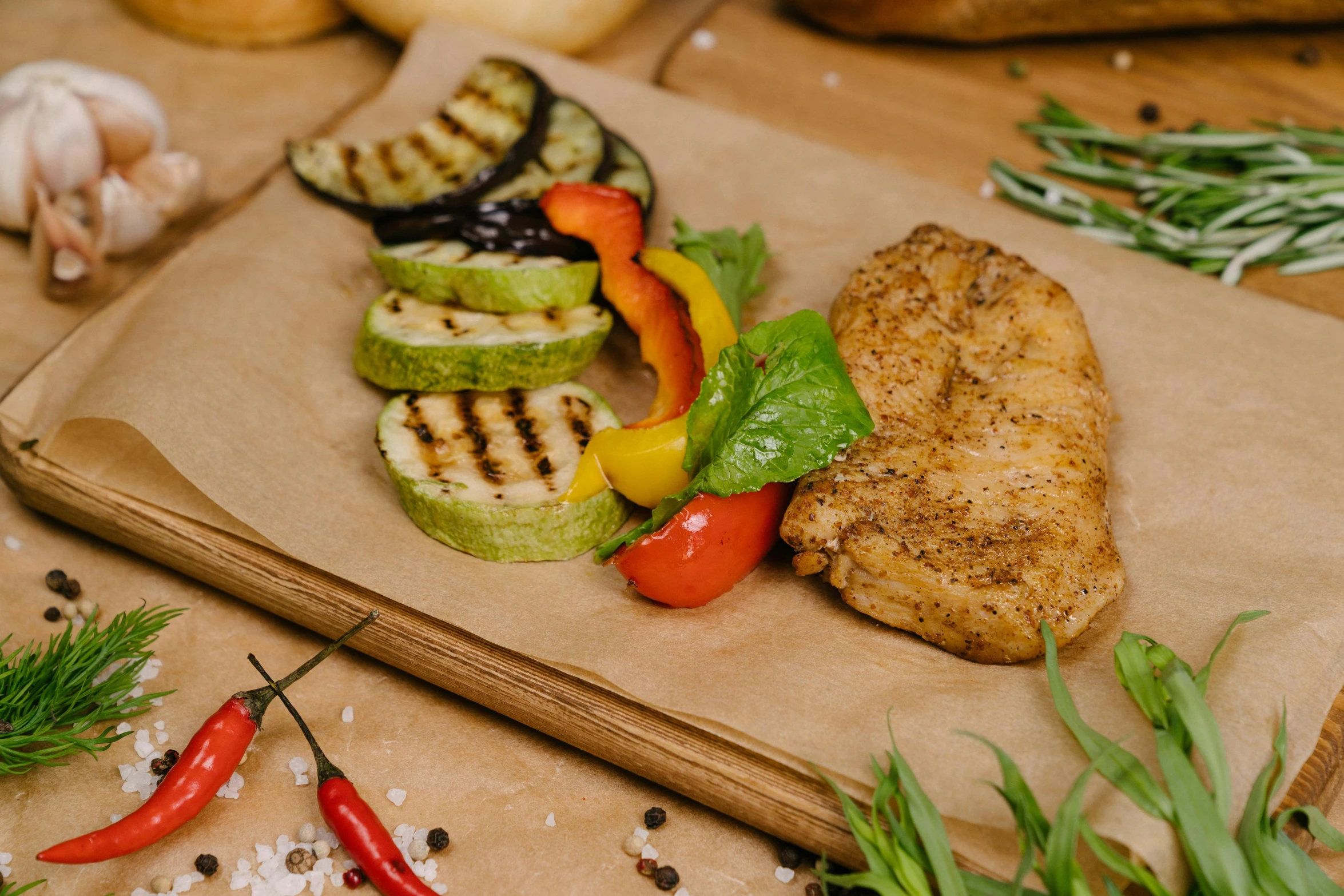 a wooden cutting board topped with meat and vegetables, a picture, by Julia Pishtar, grilled chicken, detailed product image, cardboard, thumbnail