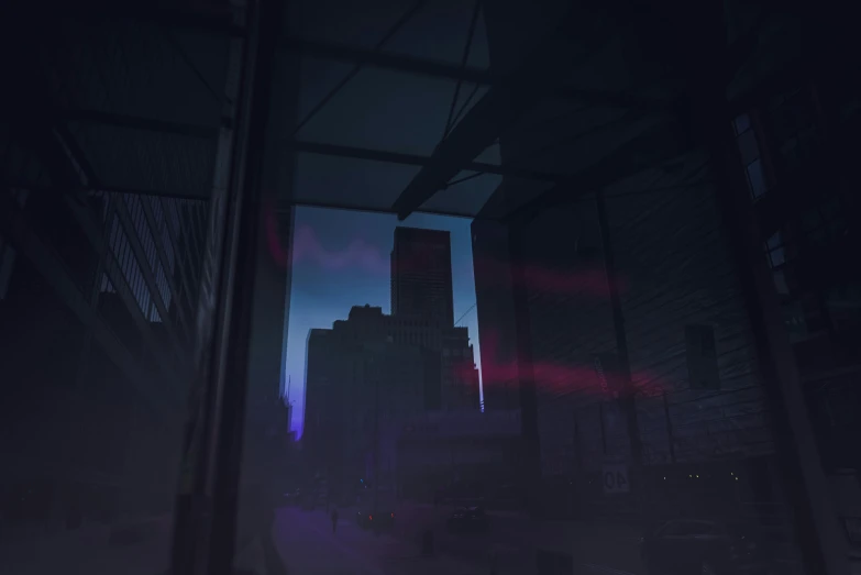 a view of a city at night through a window, cyberpunk art, voxelart, purple fog, dystopian brutalist atmosphere, daylight made in blender