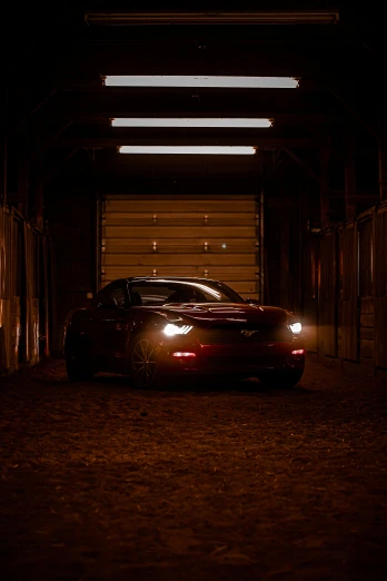 a car that is parked in a garage, a portrait, pexels contest winner, game engine lighting, mustang, enb, in a dark warehouse