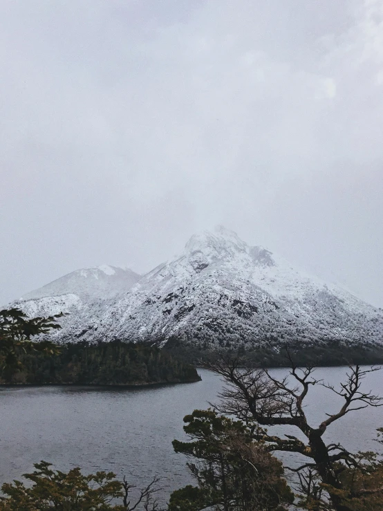 a large body of water with a snow covered mountain in the background, snowing, nothofagus, ominous photo, frontal picture