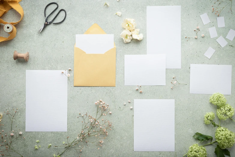 a bunch of papers sitting on top of a table, flowers and gold, card template, writing a letter, thumbnail