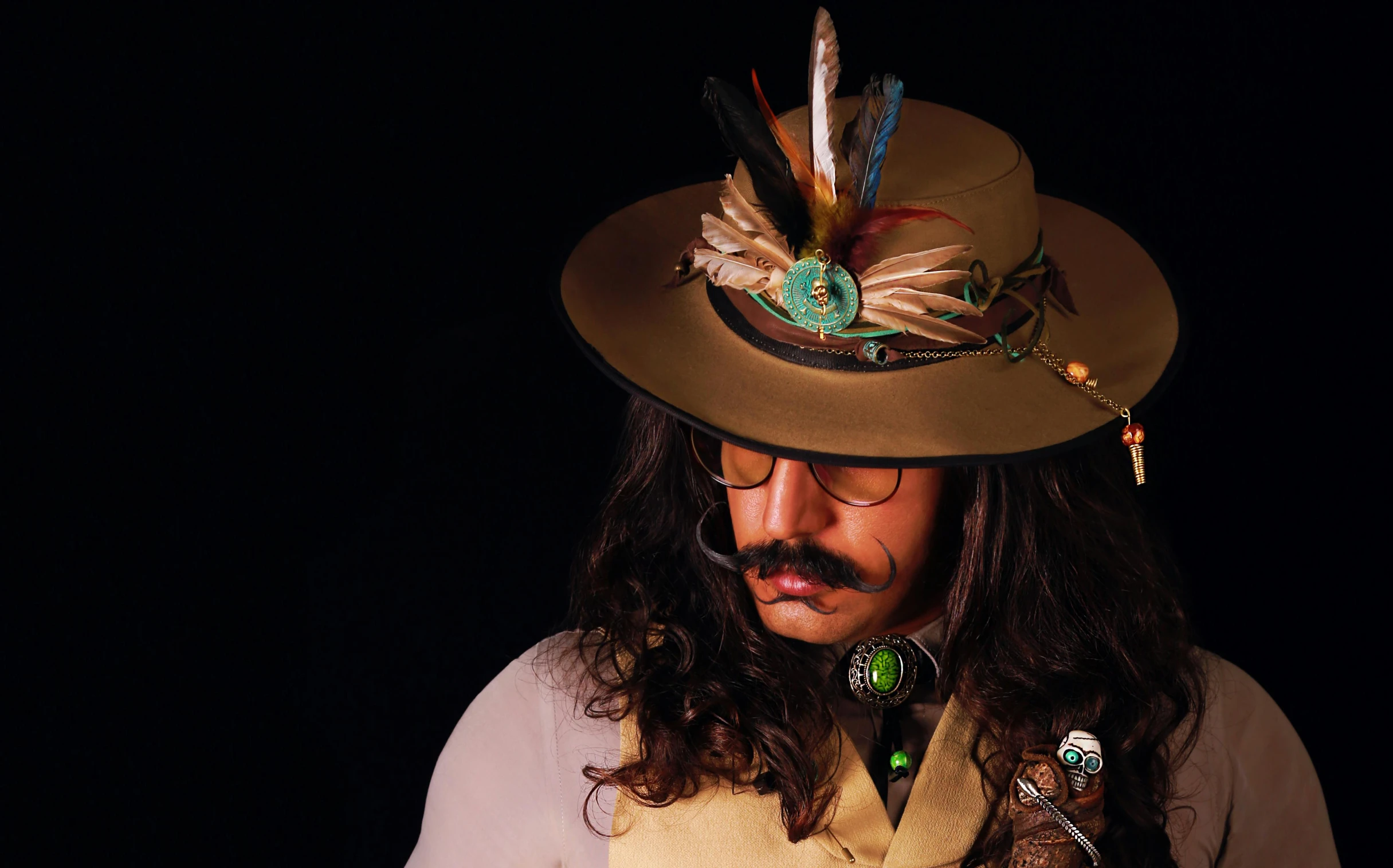 a man wearing a hat with feathers on it, an album cover, inspired by Giovanni Battista Gaulli, trending on pexels, renaissance, mexican mustache, ornate cosplay, aboriginal australian hipster, cowboy hat and glasses