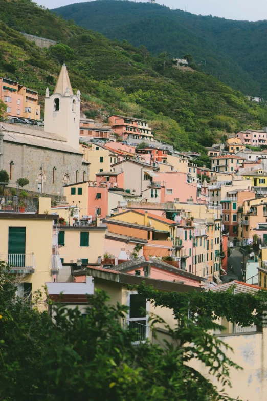 a view of a town from the top of a hill, a picture, inspired by Pietro da Cortona, trending on unsplash, pastel hues, cinq terre, grain”