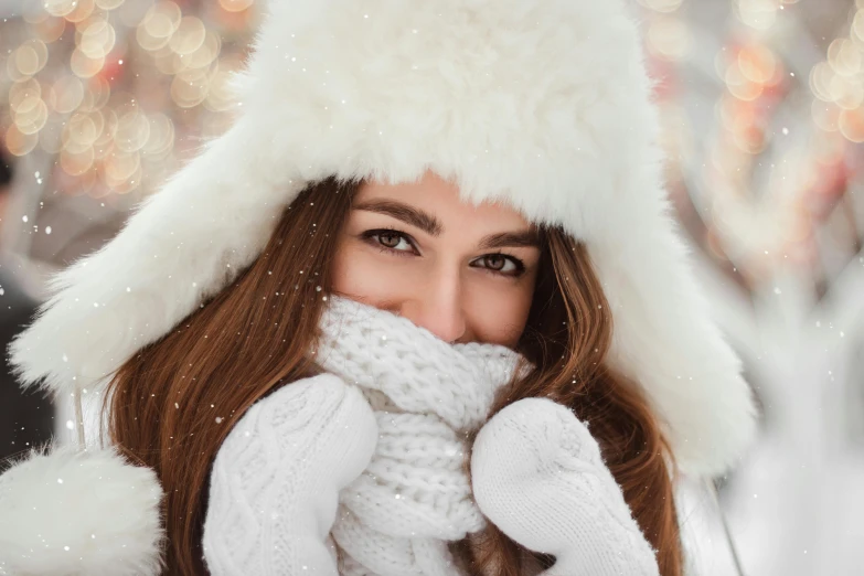 a woman wearing a white hat and scarf, trending on pexels, white long gloves, girl with brown hair, lovingly looking at camera, holiday