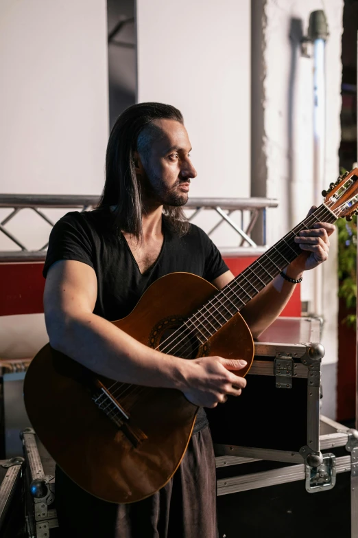 a man with long hair holding a guitar, edin durmisevic, looking off to the side, artem chebokha, riccardo federici