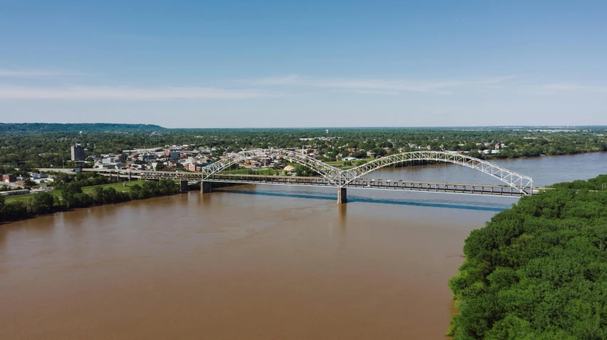 an aerial view of a bridge over a river, pittsburg, on a bright day, brown, looking over west virginia