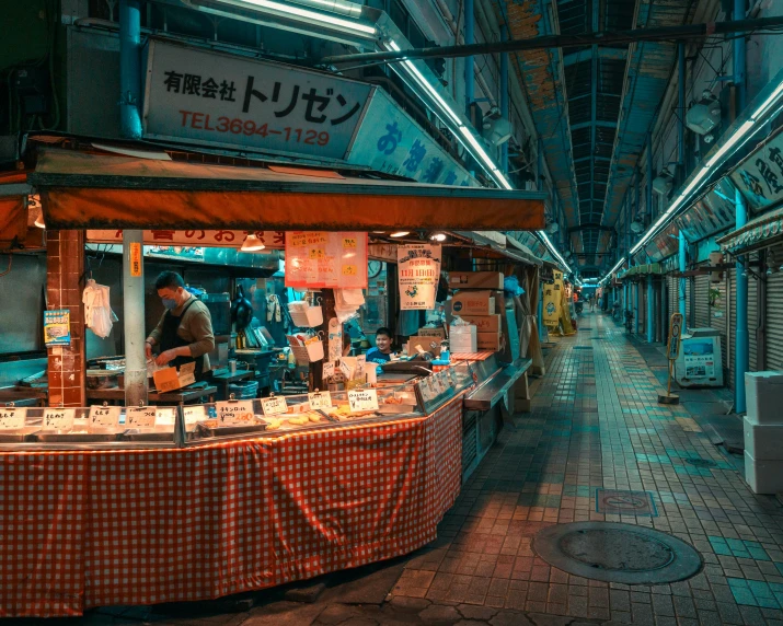 a food stand in an asian market at night, inspired by Elsa Bleda, unsplash contest winner, ukiyo-e, square, completely empty, central pork, street of teal stone