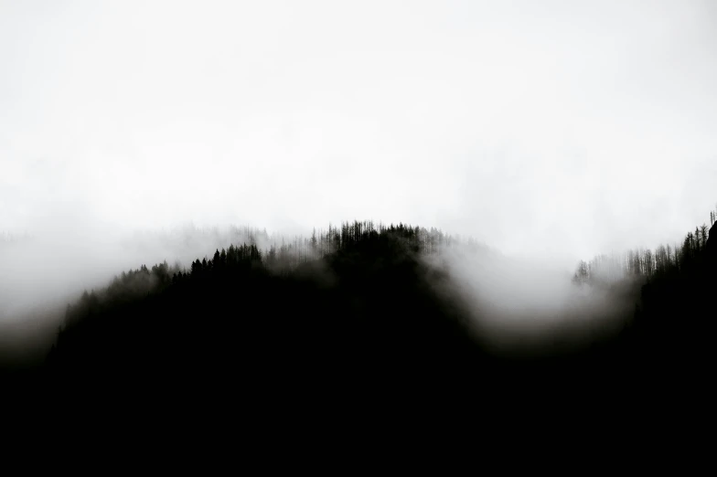a black and white photo of trees in the fog, a black and white photo, unsplash, minimalism, dark mountain, black forest, slightly pixelated, hill
