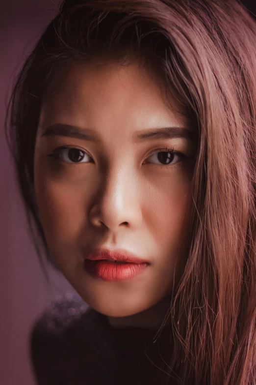 a woman with long brown hair posing for a picture, inspired by Wen Jia, pexels contest winner, hyperrealism, square face, color photograph portrait 4k, half asian, expressive feminine face