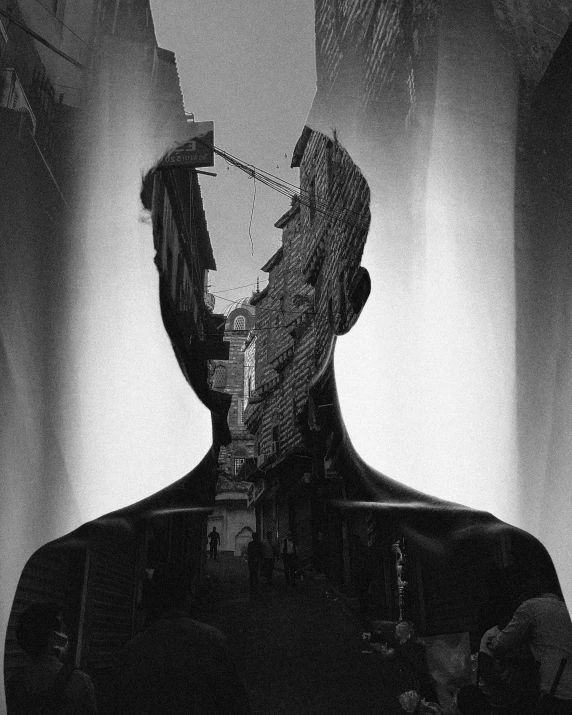 a black and white photo of a man's face, a black and white photo, by Kristian Kreković, surrealism, destroying city, symmetrical head and body, alternate album cover, fractured