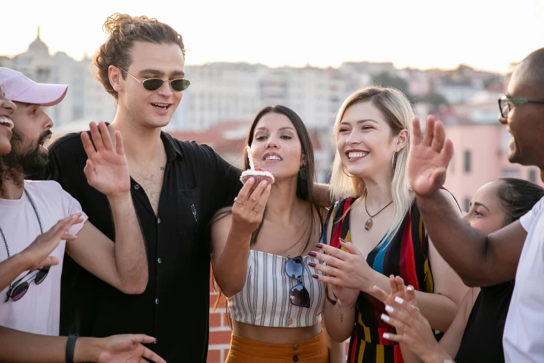 a group of young people standing next to each other, pexels, happening, rooftop party, avatar image, cannes, 5 fingers