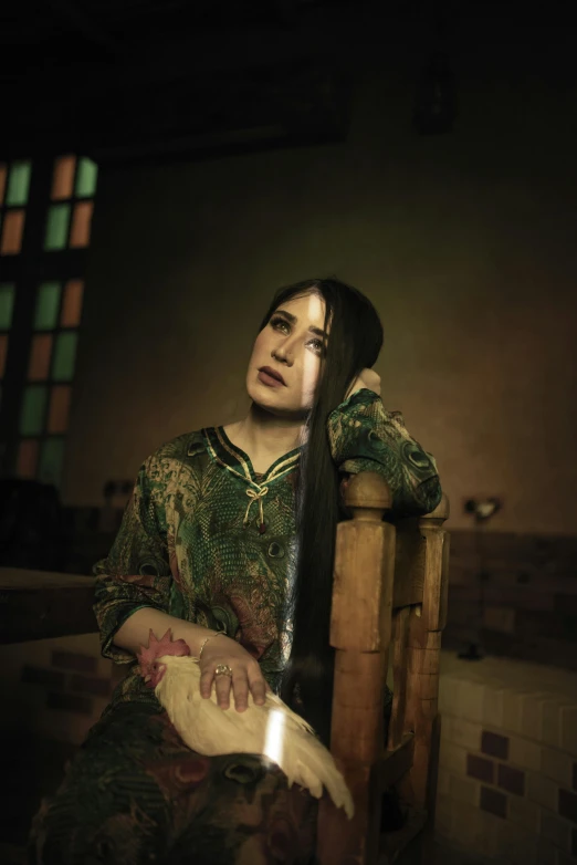 a woman sitting on top of a wooden chair, an album cover, dramatic portraiture of uuen, ((portrait)), yuli ban, high quality photo