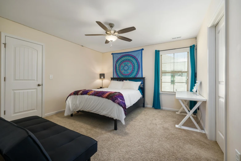 a bed room with a neatly made bed and a ceiling fan, by Carey Morris, unsplash, fan favorite, listing image, wide high angle view, real estate photography