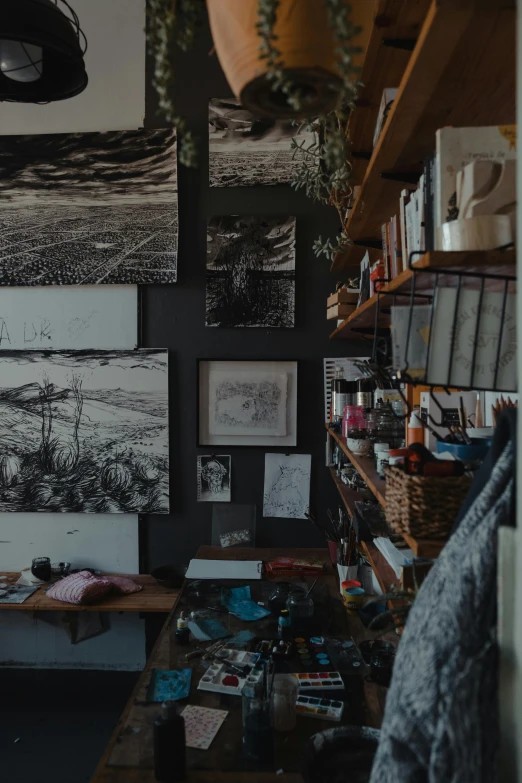 a room that has a bunch of pictures on the wall, a charcoal drawing, unsplash contest winner, process art, art station landscape, image apothecary, dwell, intricate environment - n 9