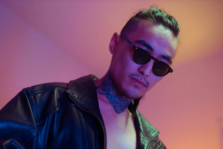 a man wearing a leather jacket and sunglasses, inspired by Zhu Da, unsplash contest winner, loish and ross tran, tattooed, professionally color graded, press shot