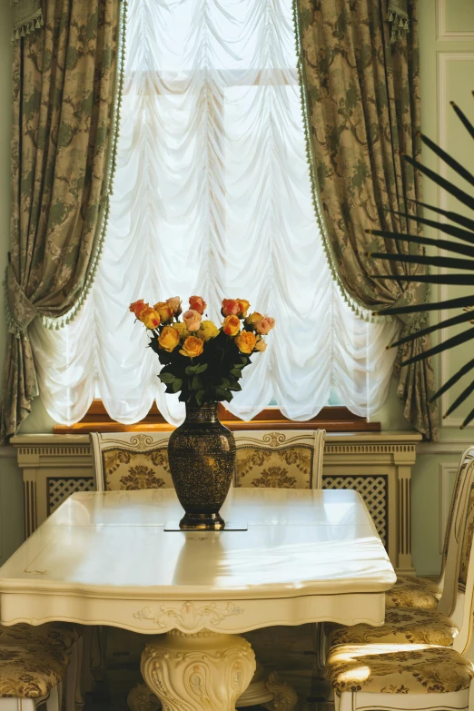 a dining room table with a vase of flowers on top of it, inspired by Mihály Munkácsy, unsplash, rococo, drapes, marble table, decorated with russian motifs, upscale photo