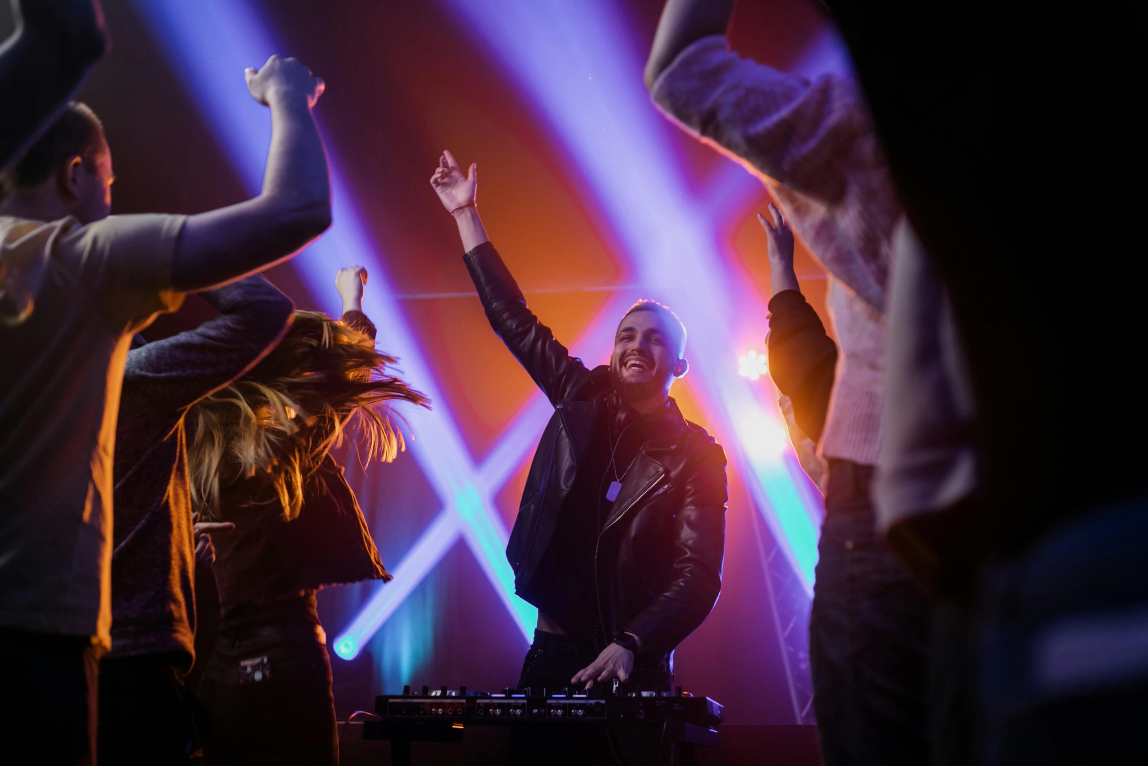 a group of people standing on top of a stage, dj at a party, a bald, cheering, profile image