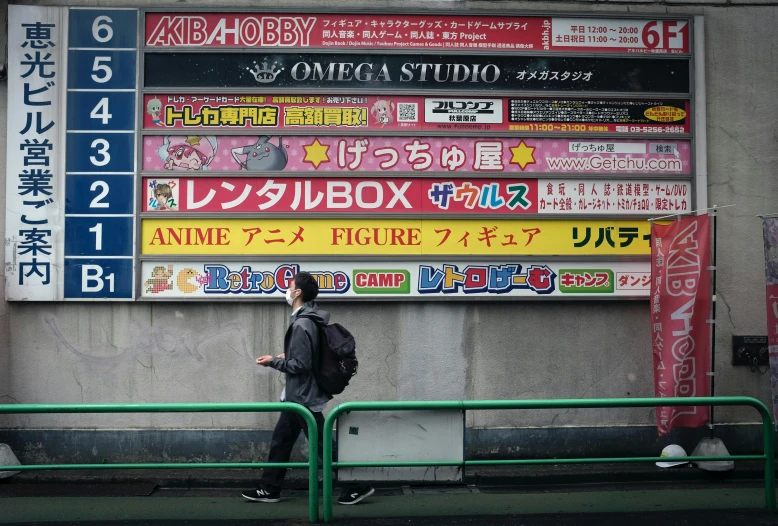 a man walking down a sidewalk in front of a store, a picture, by Kiyohara Tama, pexels, billboards, arcade, contain