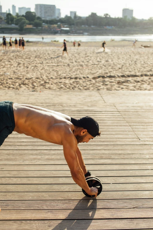 a man doing push ups on a boardwalk at the beach, renaissance, in barcelona, lifting weights, hypersphere, brown