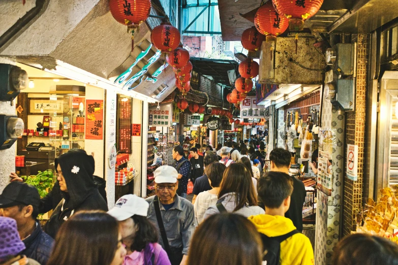 a crowded street filled with lots of people, pexels, mingei, kowloon walled city style, quirky shops, 2 5 6 x 2 5 6 pixels, red lanterns