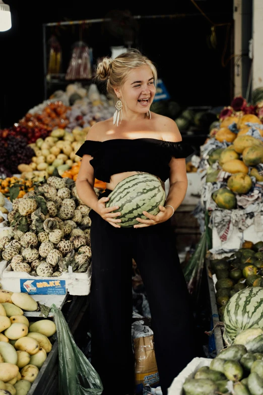 a woman holding a watermelon in a market, an album cover, pexels contest winner, portrait of kate winslet, sofya emelenko, wearing a crop top, vacation photo