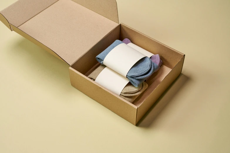 a box with a pair of socks in it, a pastel, private press, sustainable materials, 3 colours, flat, thumbnail