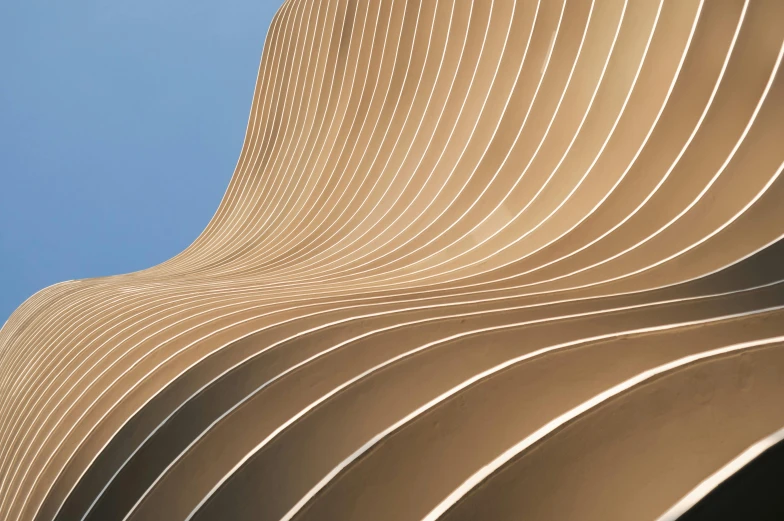 a curved building with a blue sky in the background, an abstract sculpture, unsplash contest winner, wood effect, ( ( fractal waves ) ), fine line detail, behance lemanoosh