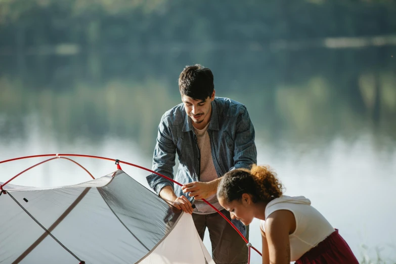 a man and a woman setting up a tent, pexels contest winner, lakeside, avatar image, high resolution image, 2 people