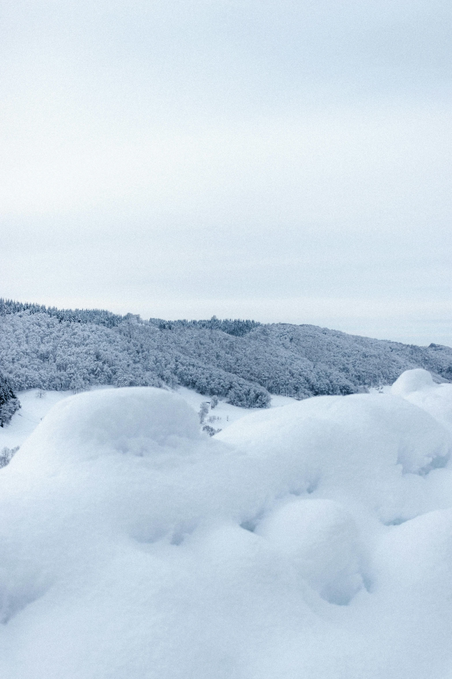 a man riding a snowboard down a snow covered slope, a picture, trending on unsplash, les nabis, strange formations, black forest, sparse frozen landscape, lots of white cotton