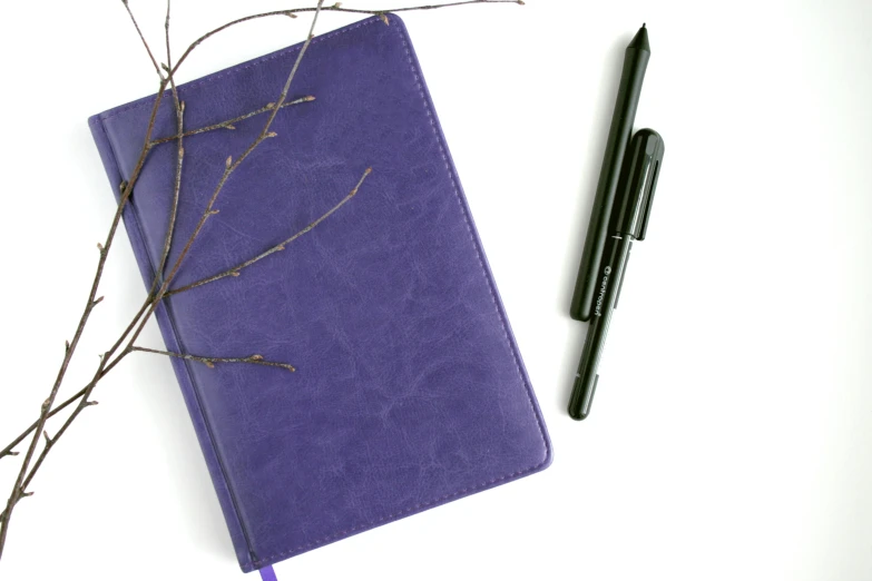 a purple notebook sitting on top of a table next to a pen, a sketch, thumbnail, full product shot, religious, hunting