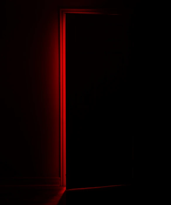 an open door in a dark room, an album cover, by James Morris, unsplash, conceptual art, volumetric lighting. red, hedi slimane, red and obsidian neon, ignant