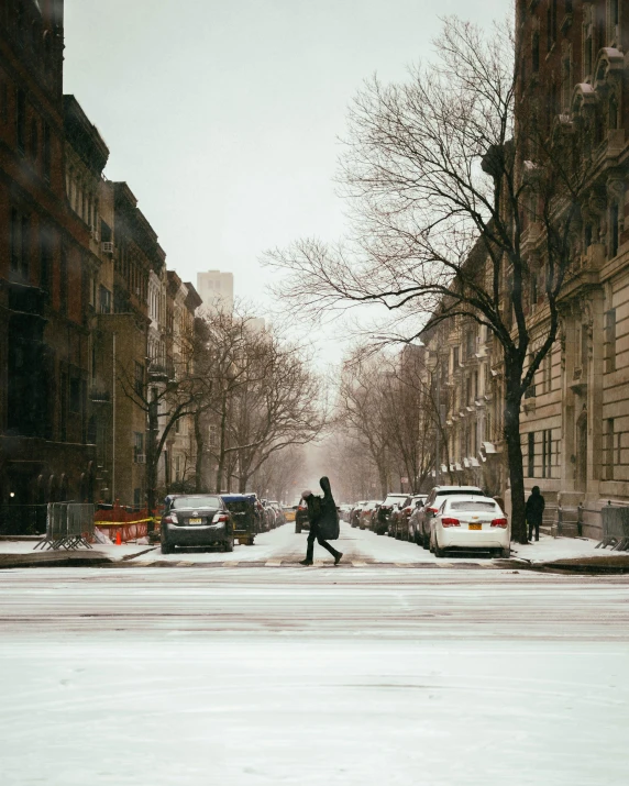 a person walking across a snow covered street, pexels contest winner, harlem renaissance, lgbt, background image, annie liebovitz, white building
