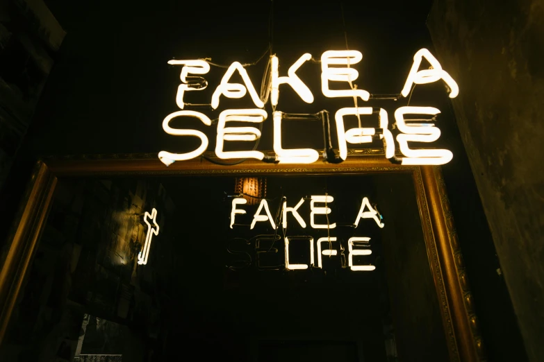 a neon sign that reads take a selfie fake a life, inspired by Elsa Bleda, vintage photo, skincare, foil, society