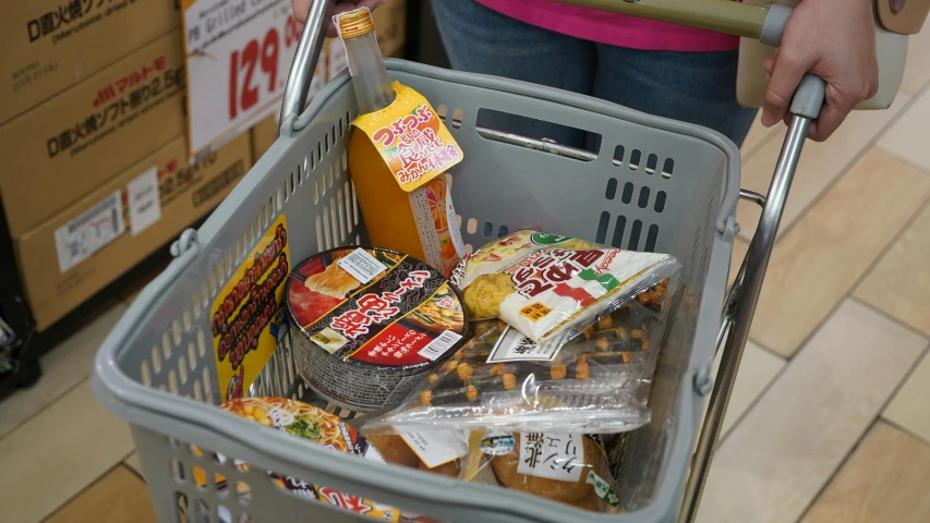 a person holding a shopping cart full of food, mingei, photo for a store, gray, square, shot on sony alpha dslr-a300