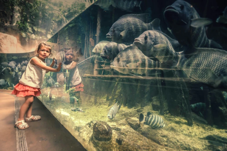 a little girl standing in front of a fish tank, pexels contest winner, interactive art, real picture taken in zoo, photobashing, 🦩🪐🐞👩🏻🦳, fishing