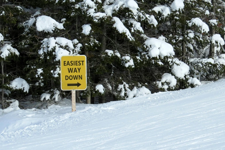 a yellow sign sitting on the side of a snow covered slope, excessivism, easy go, head straight down, thumbnail, tubing