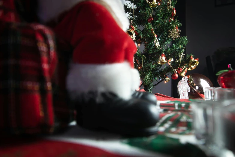a santa hat sitting on top of a table next to a christmas tree, by Joe Bowler, pexels, detailed shot legs-up, avatar image, small depth of field, print