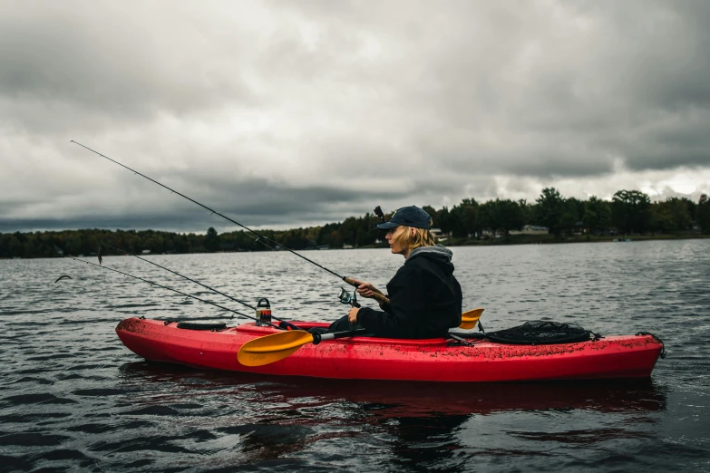 a person in a kayak fishing on a lake, by Julia Pishtar, grey, full frame image, charts, red and black colour scheme
