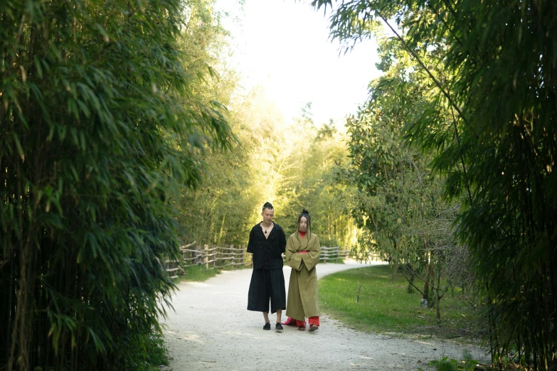 a couple of people walking down a dirt road, inspired by Emperor Huizong of Song, shin hanga, sydney park, green robes, of bamboo, manuka