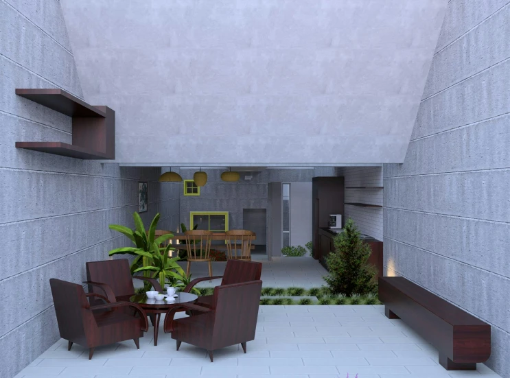 a room that has a table and chairs in it, a 3D render, inspired by Constantin Hansen, terrarium lounge area, brutalist courtyard, complete house, 3d asset