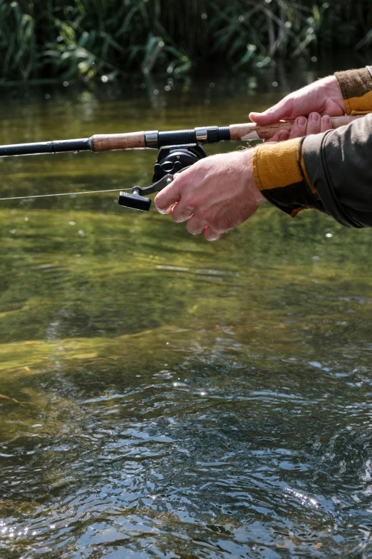 a man holding a fishing rod next to a river, clear water, paul barson, striking features, loosely cropped