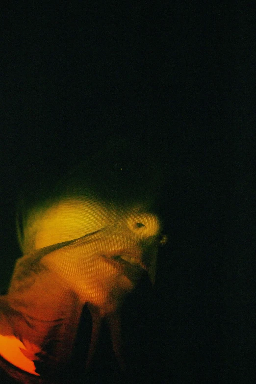 a close up of a person in a dark room, an album cover, inspired by Anna Füssli, shades of aerochrome gold, unsettling found footage, ((portrait)), hziulquoigmnzhah