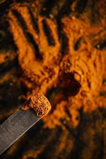 a close up of a person's hand holding a knife, ochre ancient palette, bhut jolokia, thumbnail, powder