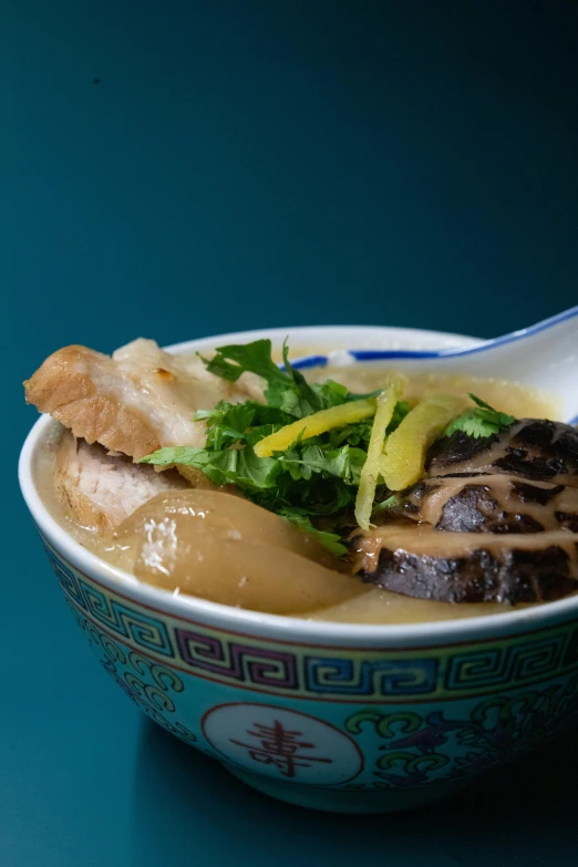 a close up of a bowl of food with a spoon, inspired by Tan Ting-pho, mingei, blue, thumbnail, hong kong, abalone