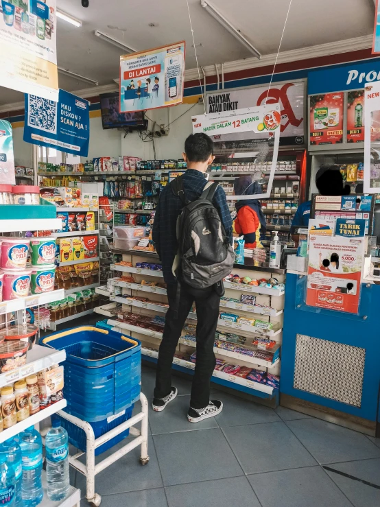 a man that is standing in a store, by Adam Marczyński, pexels, hyperrealism, petrol aesthetic, in russia, 2 5 6 x 2 5 6 pixels, a man wearing a backpack