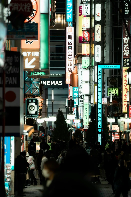 a group of people walking down a street next to tall buildings, trending on unsplash, ukiyo-e, glowing street signs, square, ( ( theatrical ) ), signs